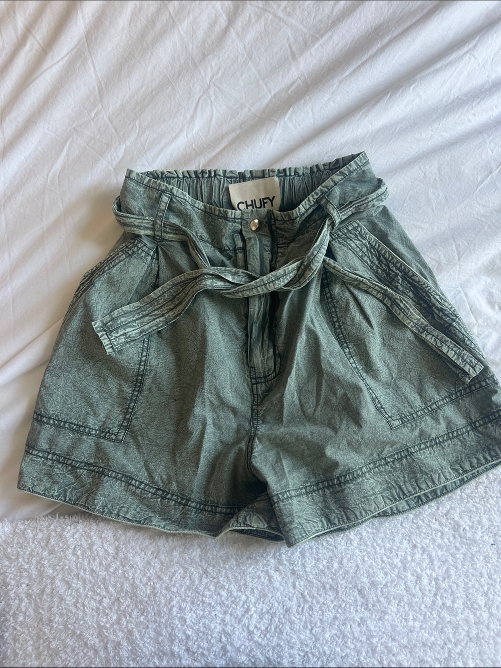 CHUFY Olive High-Waist Paperbag Shorts with Tie Belt